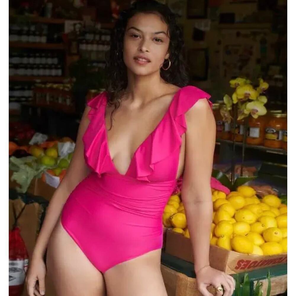 J. Crew Pink Ruffle One Piece Swimsuit NWT Size 14 - Picture 3 of 10